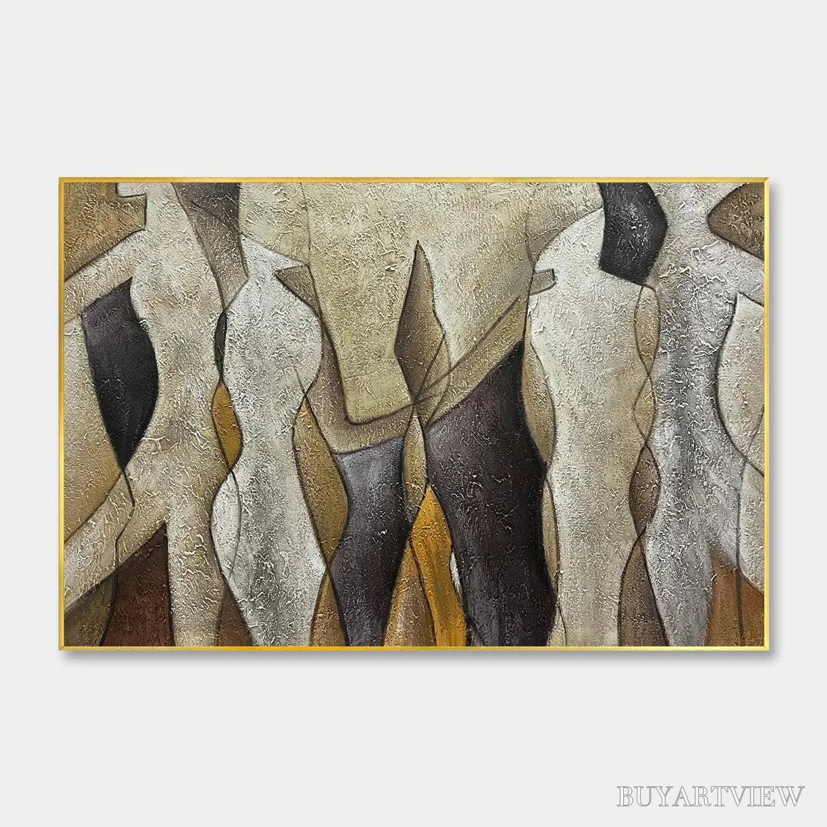 BUYARTVIEW Abstract Figures – Textured Abstract Figures Painting, Beige and Brown , Horizontal Canvas, Modern Decor - image 1