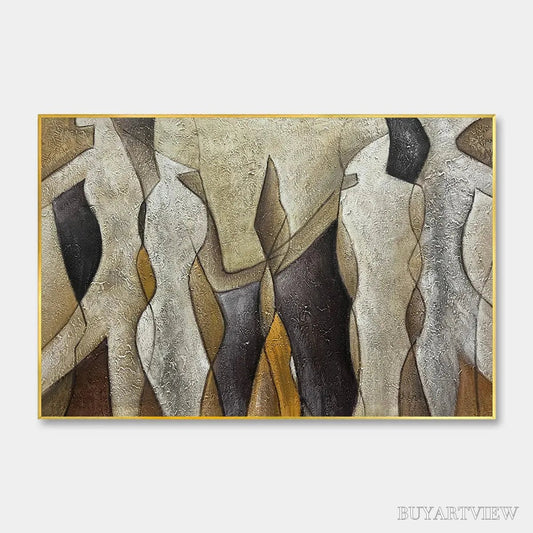 BUYARTVIEW Abstract Figures – Textured Abstract Figures Painting, Beige and Brown , Horizontal Canvas, Modern Decor - image 1