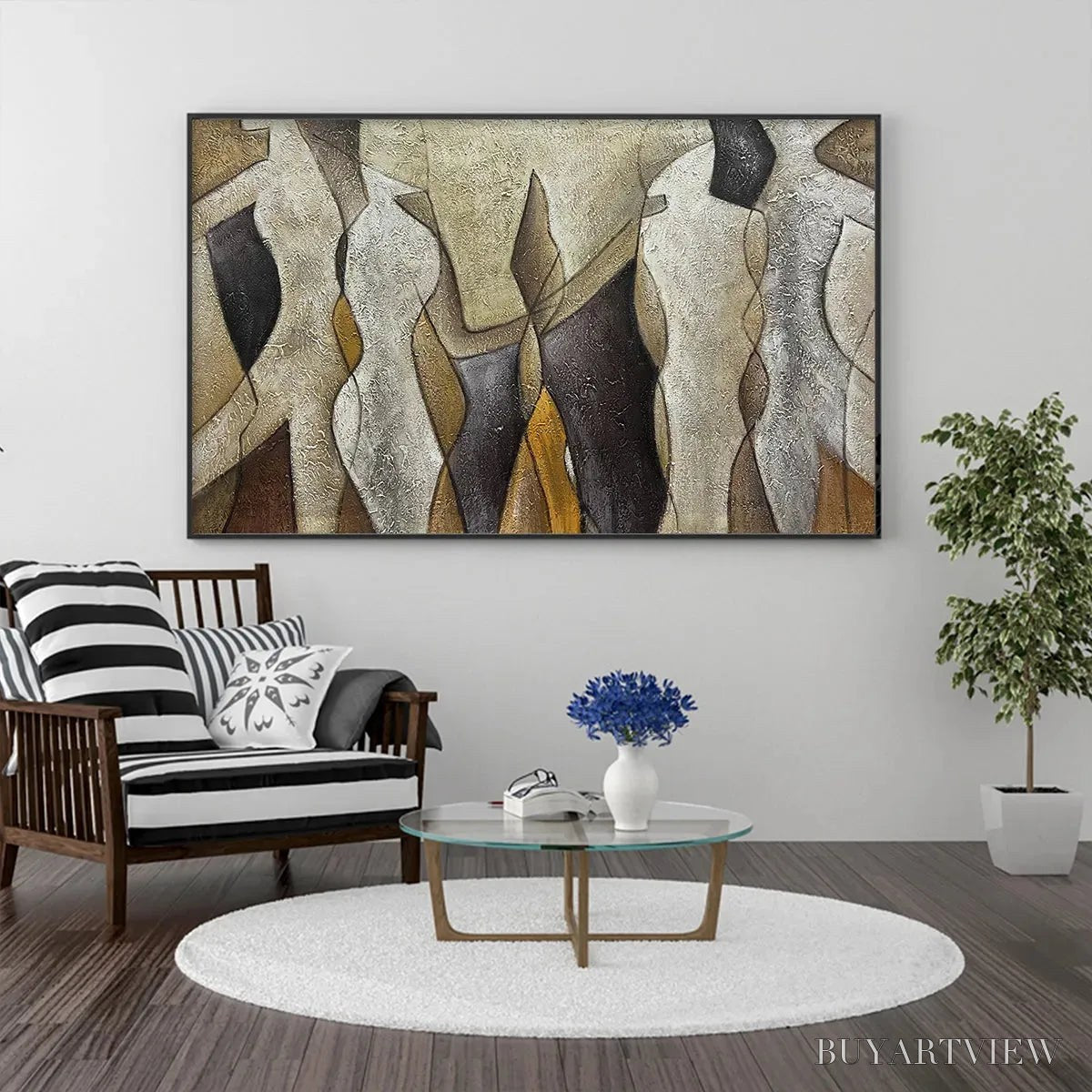 BUYARTVIEW Abstract Figures – Textured Abstract Figures Painting, Beige and Brown , Horizontal Canvas, Modern Decor - image 2