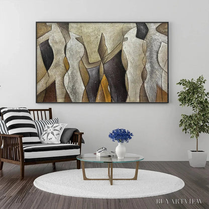 BUYARTVIEW Abstract Figures – Textured Abstract Figures Painting, Beige and Brown , Horizontal Canvas, Modern Decor - image 2