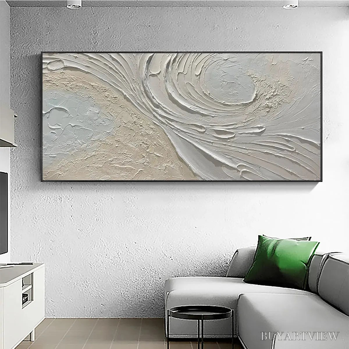 BUYARTVIEW Whispers of the Wind – Panoramic Textured Abstract Painting in Neutral Tones, Modern , Beige and Grey - image 2