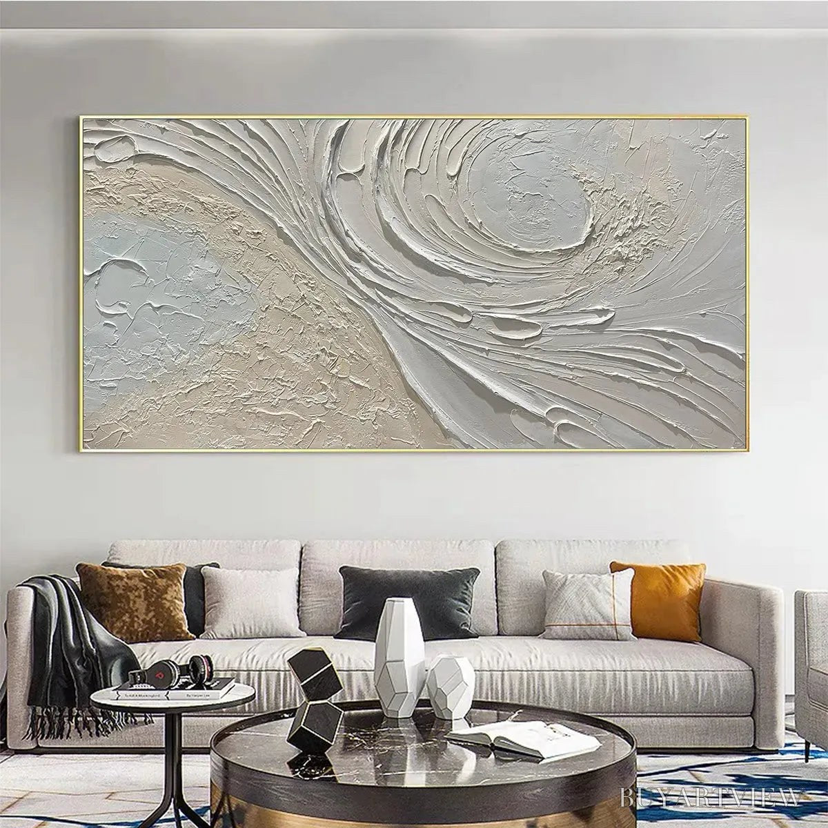 BUYARTVIEW Whispers of the Wind – Panoramic Textured Abstract Painting in Neutral Tones, Modern , Beige and Grey - image 4