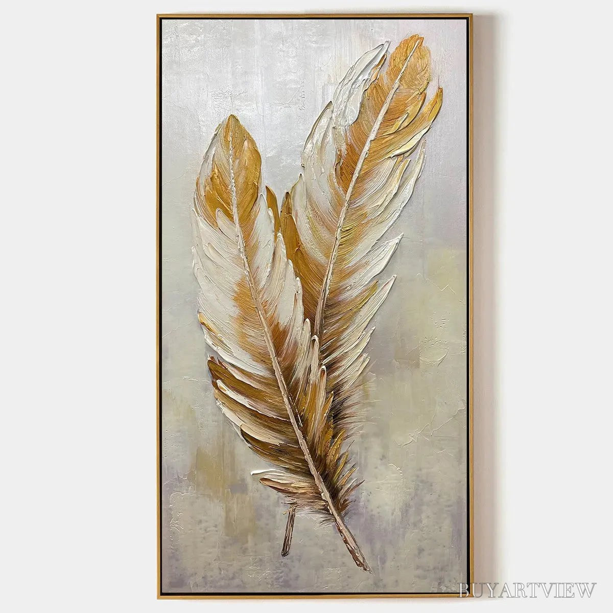 BUYARTVIEW Golden Grace – Vertical Painting of Golden Feathers, Textured Impasto, Modern - image 1