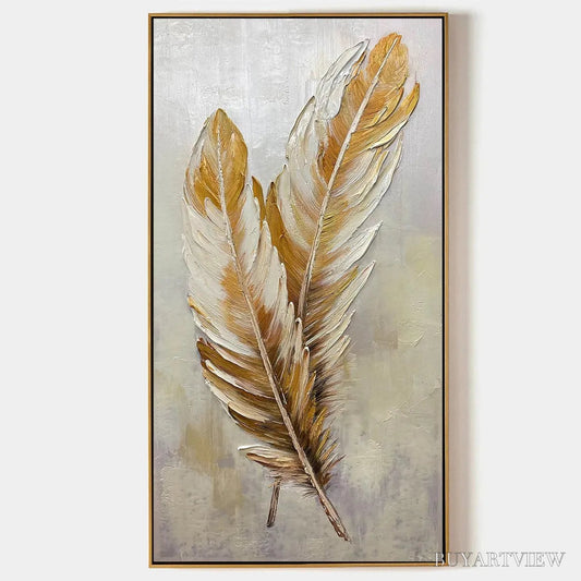 BUYARTVIEW Golden Grace – Vertical Painting of Golden Feathers, Textured Impasto, Modern - image 1