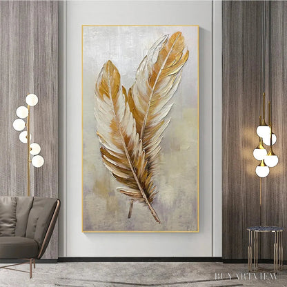 BUYARTVIEW Golden Grace – Vertical Painting of Golden Feathers, Textured Impasto, Modern - image 2