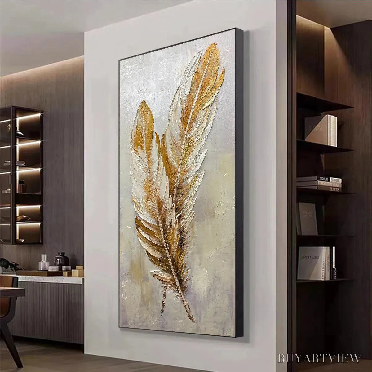 BUYARTVIEW Golden Grace – Vertical Painting of Golden Feathers, Textured Impasto, Modern - image 4