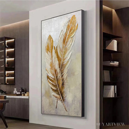 BUYARTVIEW Golden Grace – Vertical Painting of Golden Feathers, Textured Impasto, Modern - image 4