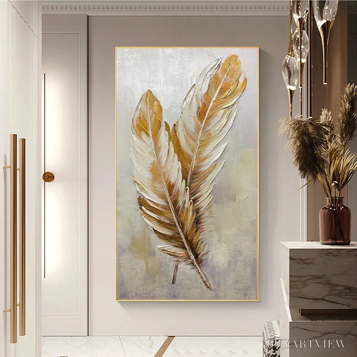 BUYARTVIEW Golden Grace – Vertical Painting of Golden Feathers, Textured Impasto, Modern - image 5