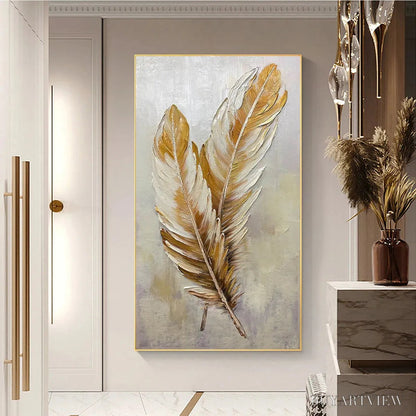 BUYARTVIEW Golden Grace – Vertical Painting of Golden Feathers, Textured Impasto, Modern - image 5