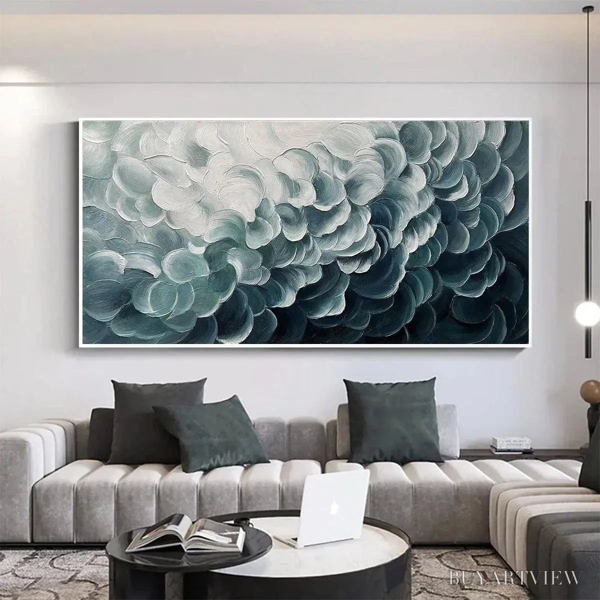 BUYARTVIEW Mediterranean Breeze – Abstract Teal White Impasto Oil Painting - image 4