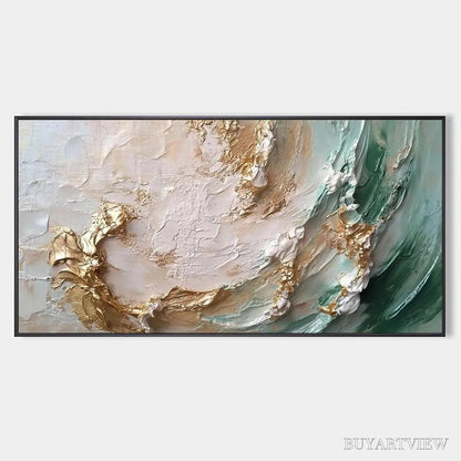 BUYARTVIEW Jade Aurora – Green and Gold Abstract Impasto Oil Painting - image 1