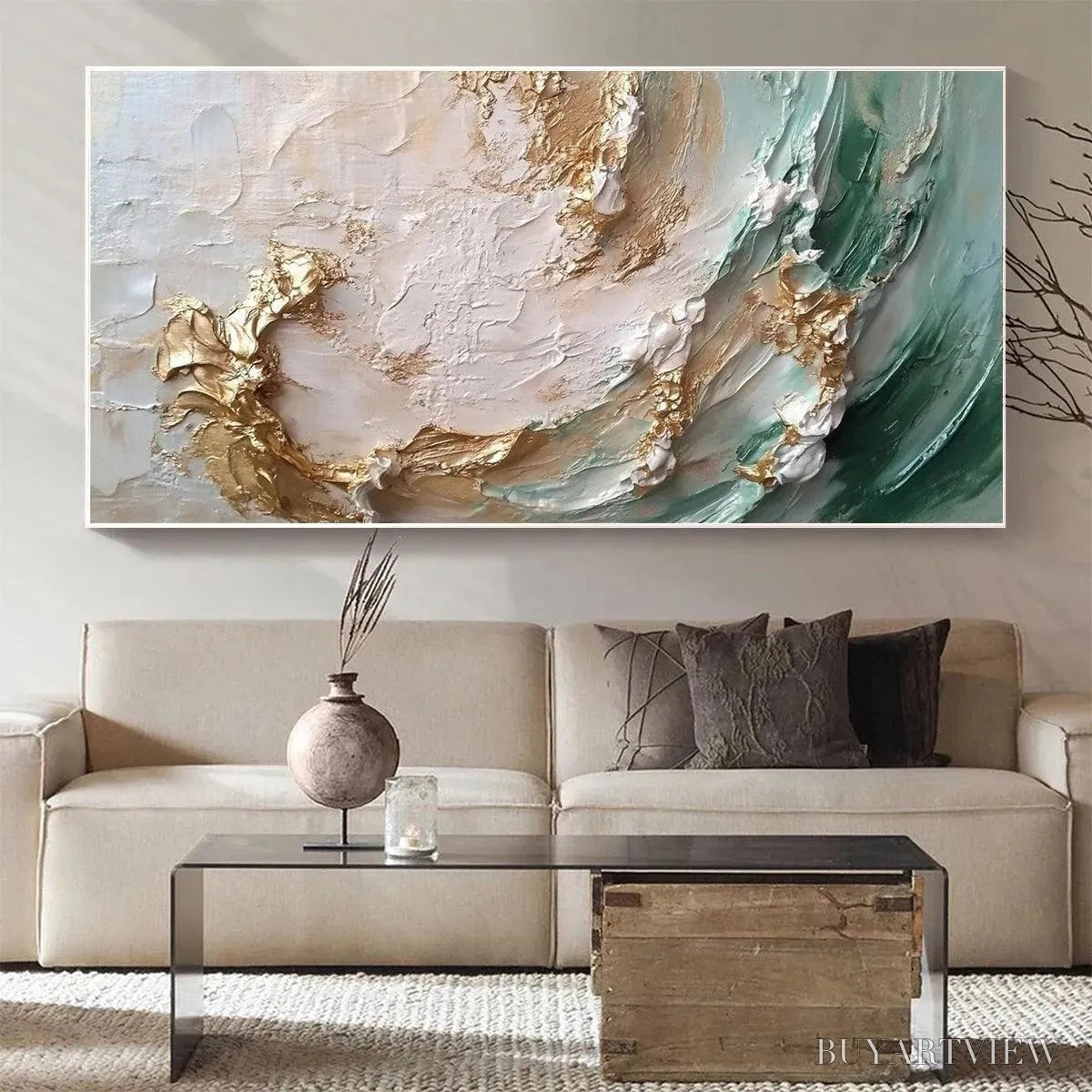 BUYARTVIEW Jade Aurora – Green and Gold Abstract Impasto Oil Painting - image 2