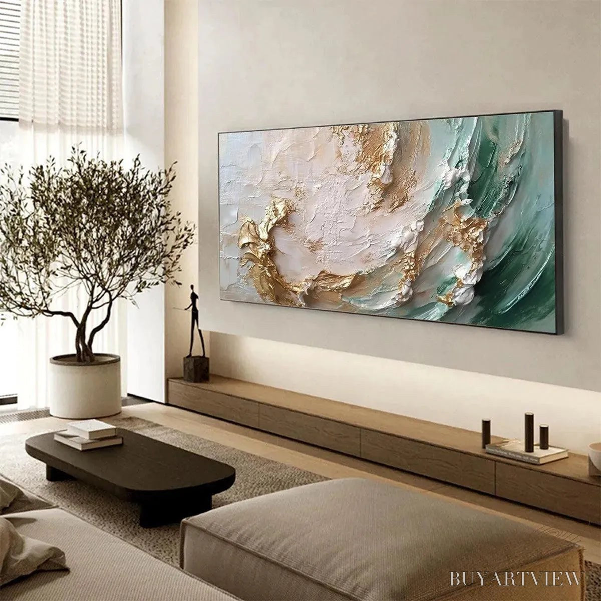 BUYARTVIEW Jade Aurora – Green and Gold Abstract Impasto Oil Painting - image 4