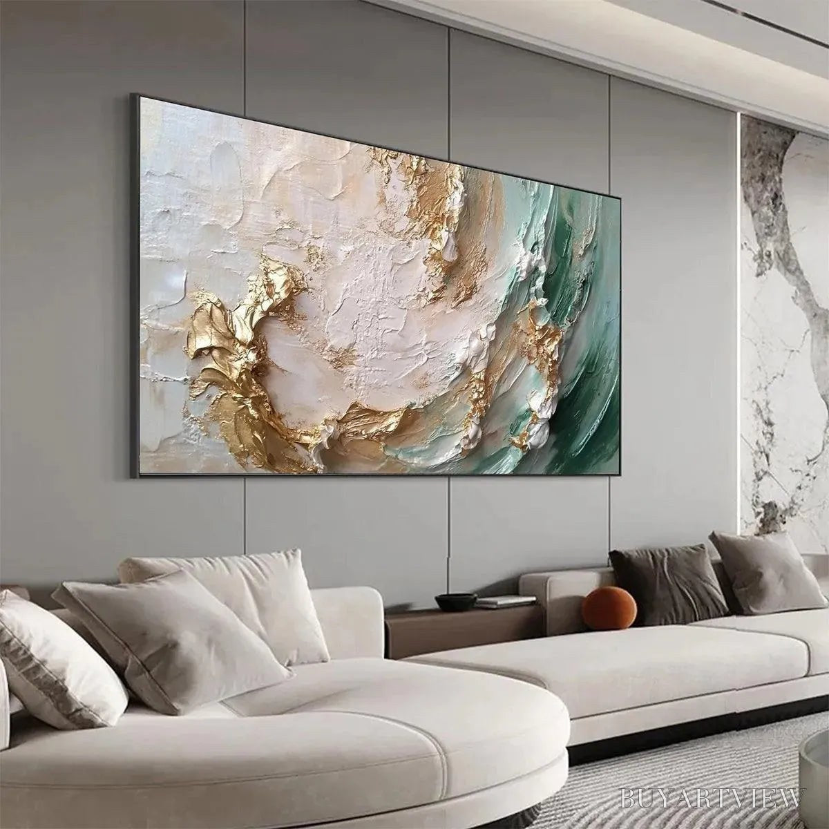 BUYARTVIEW Jade Aurora – Green and Gold Abstract Impasto Oil Painting - image 6