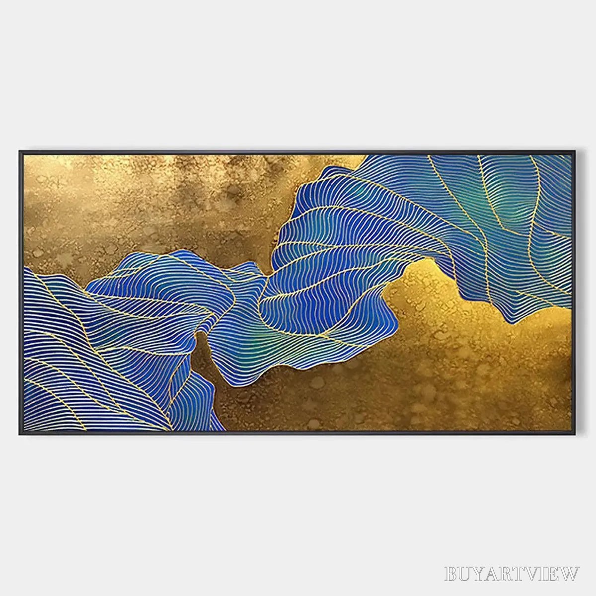 BUYARTVIEW Golden Flow – Abstract Blue and Gold Oil Painting - image 1