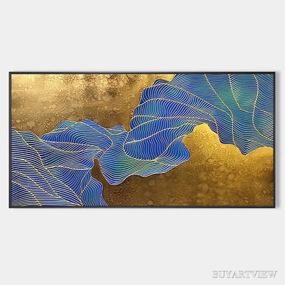 BUYARTVIEW Golden Flow – Abstract Blue and Gold Oil Painting - image 1