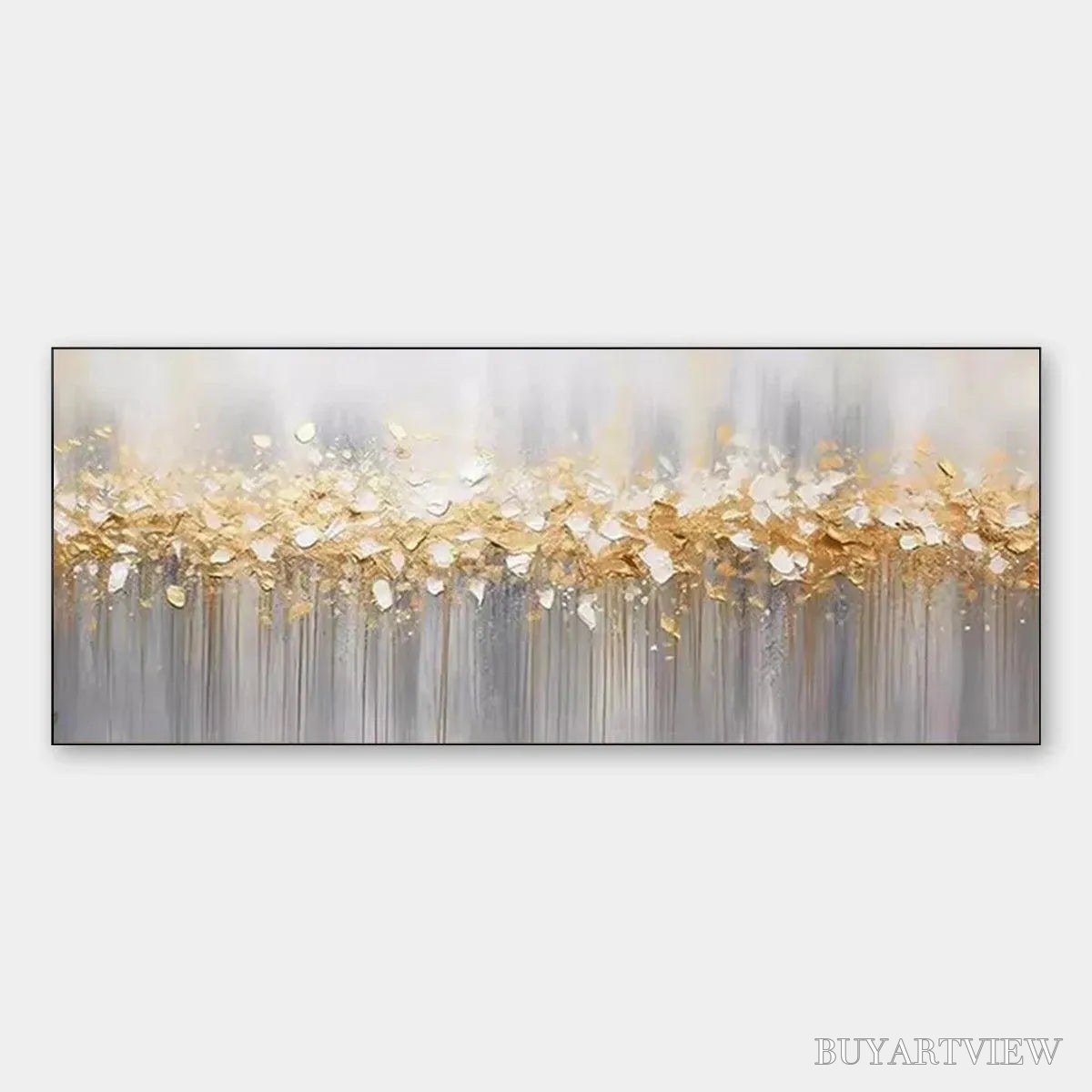 BUYARTVIEW Golden Drizzle – Textured Abstract Painting, Gold and Grey , Panoramic Canvas, Modern Decor - image 1