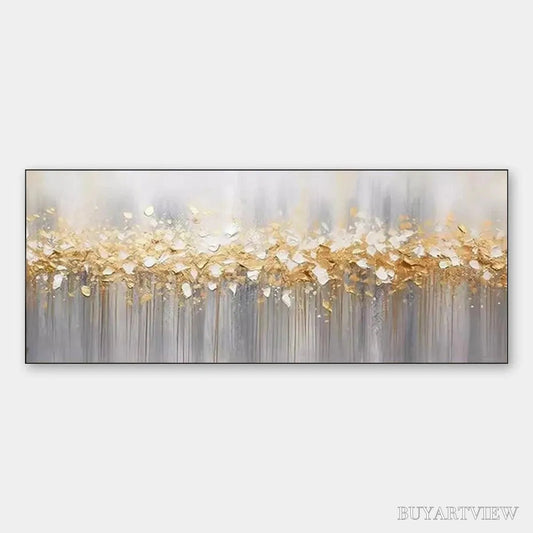 BUYARTVIEW Golden Drizzle – Textured Abstract Painting, Gold and Grey , Panoramic Canvas, Modern Decor - image 1