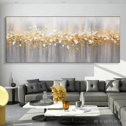 BUYARTVIEW Golden Drizzle – Textured Abstract Painting, Gold and Grey , Panoramic Canvas, Modern Decor - image 3