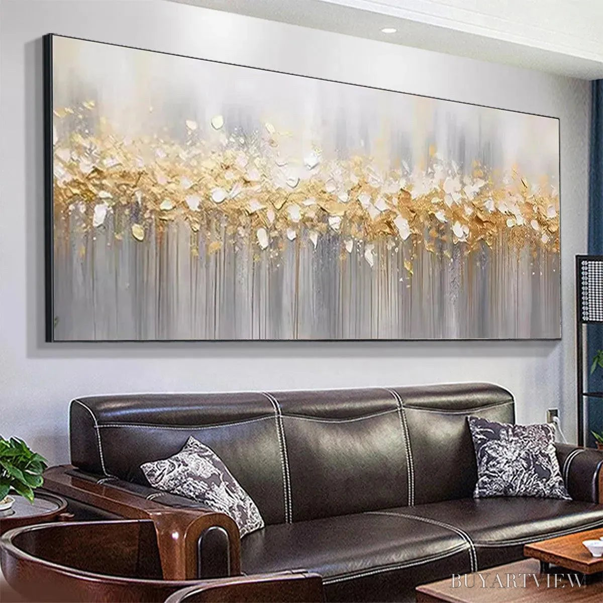 BUYARTVIEW Golden Drizzle – Textured Abstract Painting, Gold and Grey , Panoramic Canvas, Modern Decor - image 4