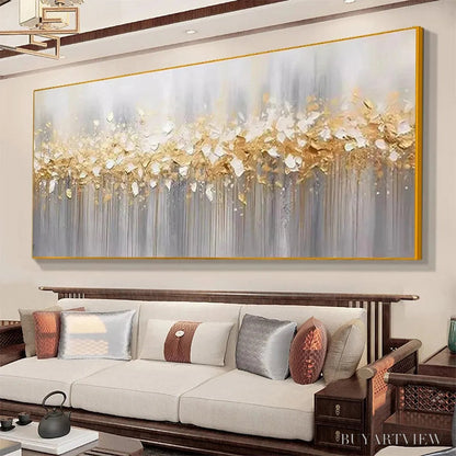 BUYARTVIEW Golden Drizzle – Textured Abstract Painting, Gold and Grey , Panoramic Canvas, Modern Decor - image 5