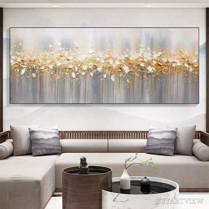 BUYARTVIEW Golden Drizzle – Textured Abstract Painting, Gold and Grey , Panoramic Canvas, Modern Decor - image 6