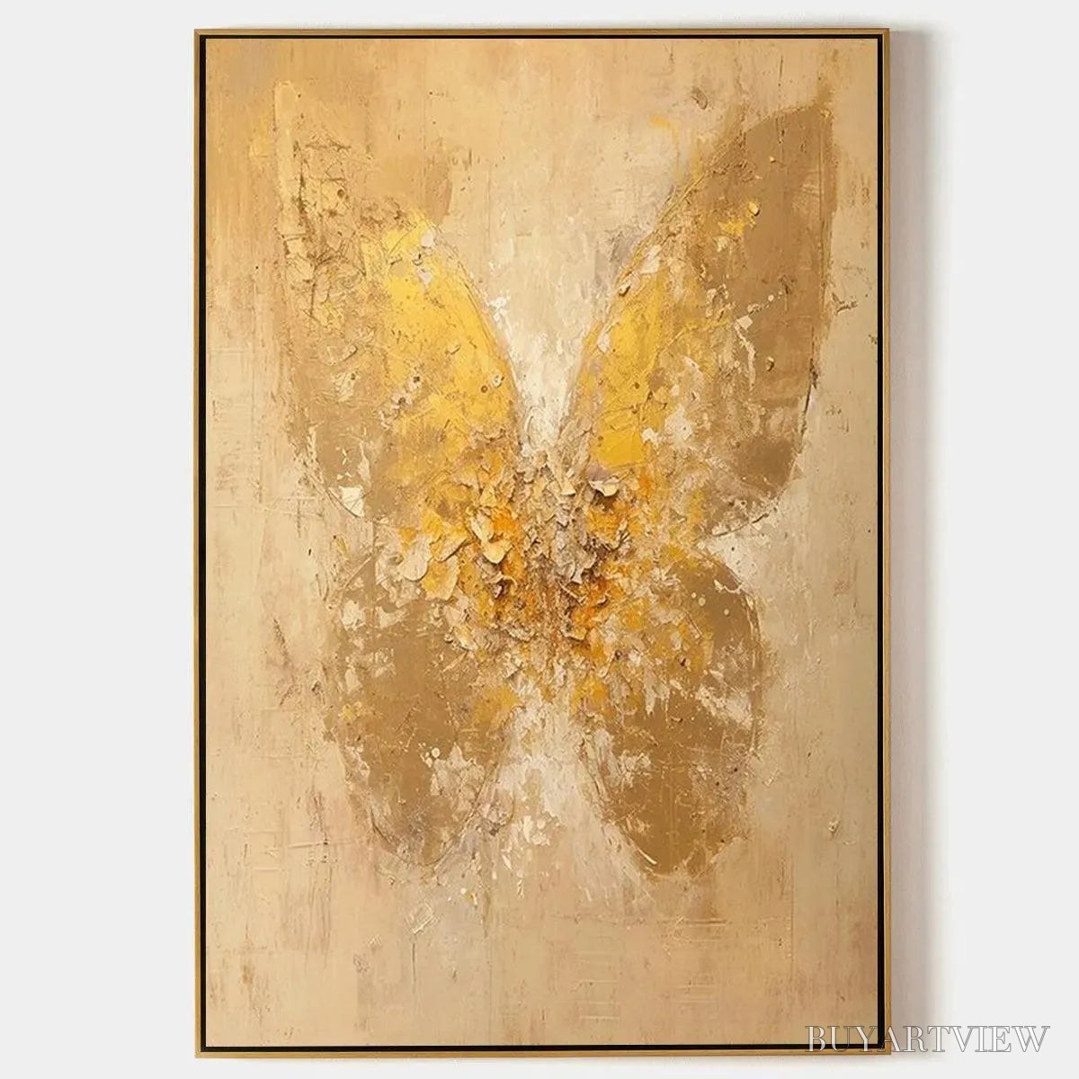 BUYARTVIEW Golden Wings – Gold Butterfly Painting, Textured , Vertical Canvas, Beige and Gold Decor - image 1