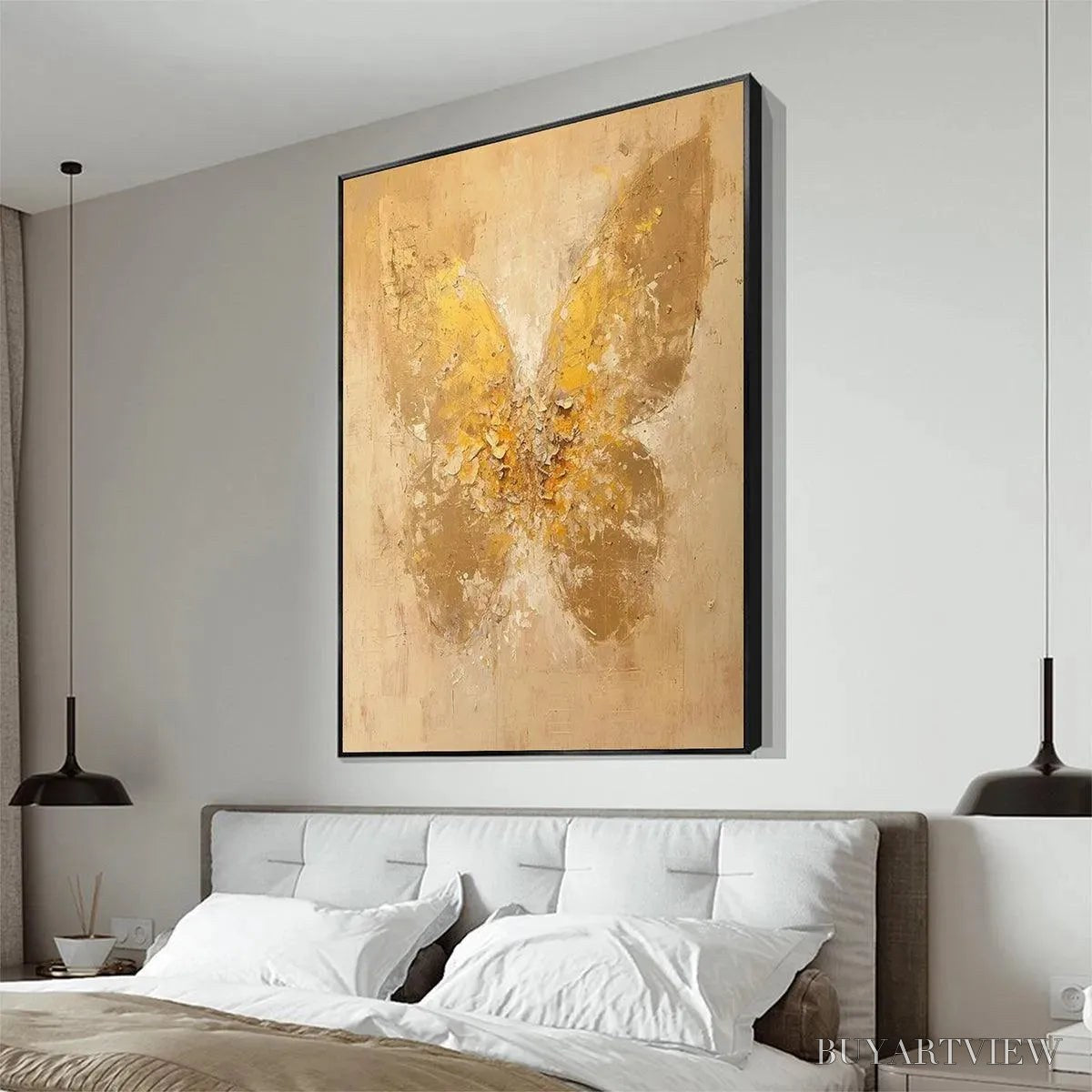 BUYARTVIEW Golden Wings – Gold Butterfly Painting, Textured , Vertical Canvas, Beige and Gold Decor - image 6