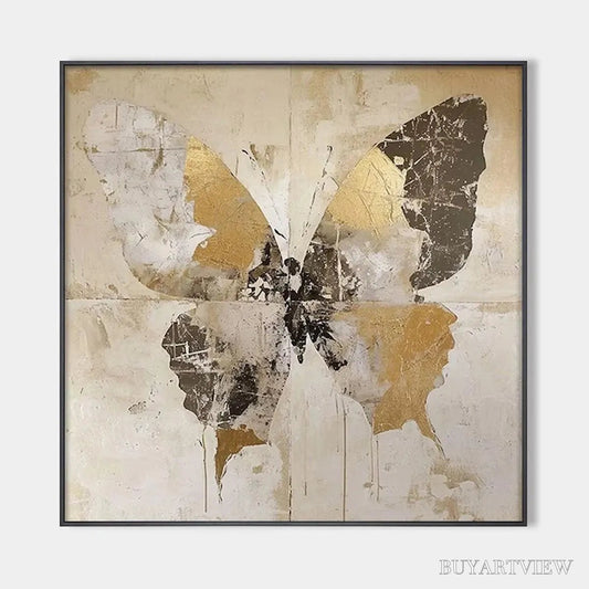 BUYARTVIEW Golden Monarch – Gold Butterfly Painting, Square Canvas Art, Textured , Beige and Gold Decor - image 1