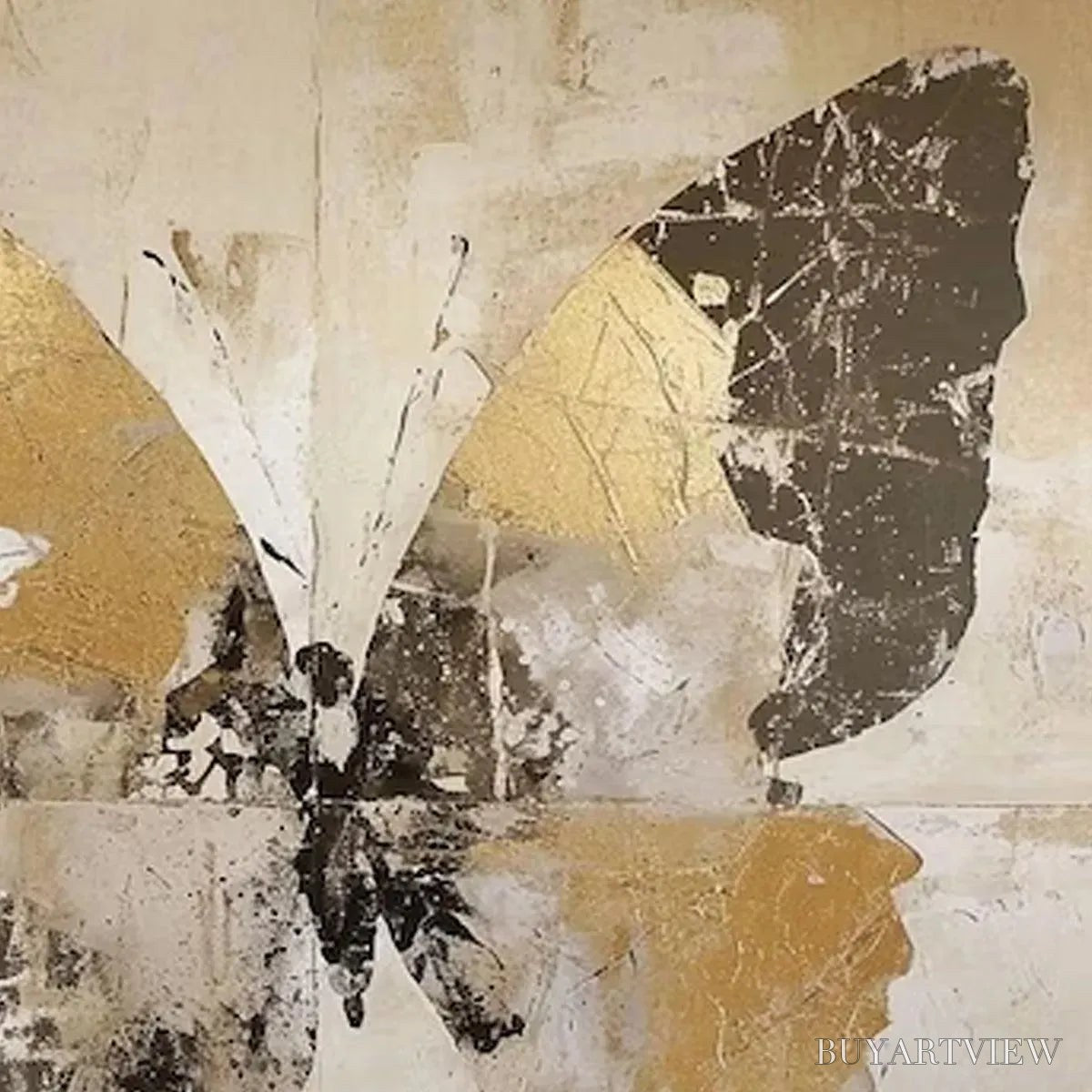 BUYARTVIEW Golden Monarch – Gold Butterfly Painting, Square Canvas Art, Textured , Beige and Gold Decor - image 3