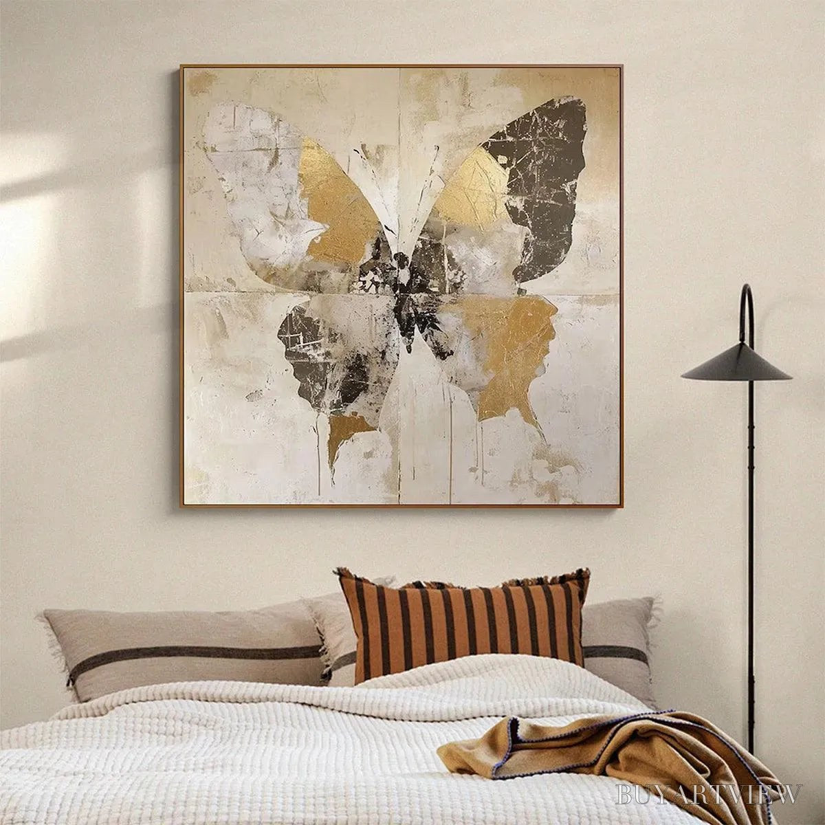BUYARTVIEW Golden Monarch – Gold Butterfly Painting, Square Canvas Art, Textured , Beige and Gold Decor - image 4