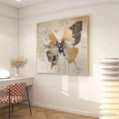 BUYARTVIEW Golden Monarch – Gold Butterfly Painting, Square Canvas Art, Textured , Beige and Gold Decor - image 5