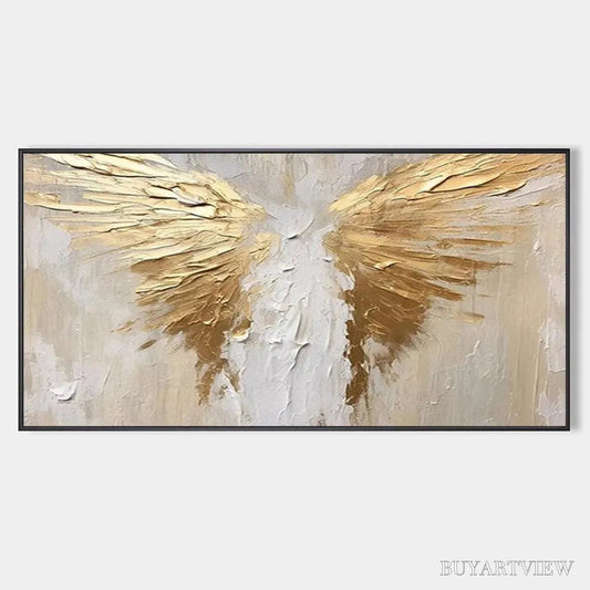 BUYARTVIEW Golden Wings – Textured Abstract Painting, Gold and Beige , Panoramic Canvas, Modern Decor - image 1