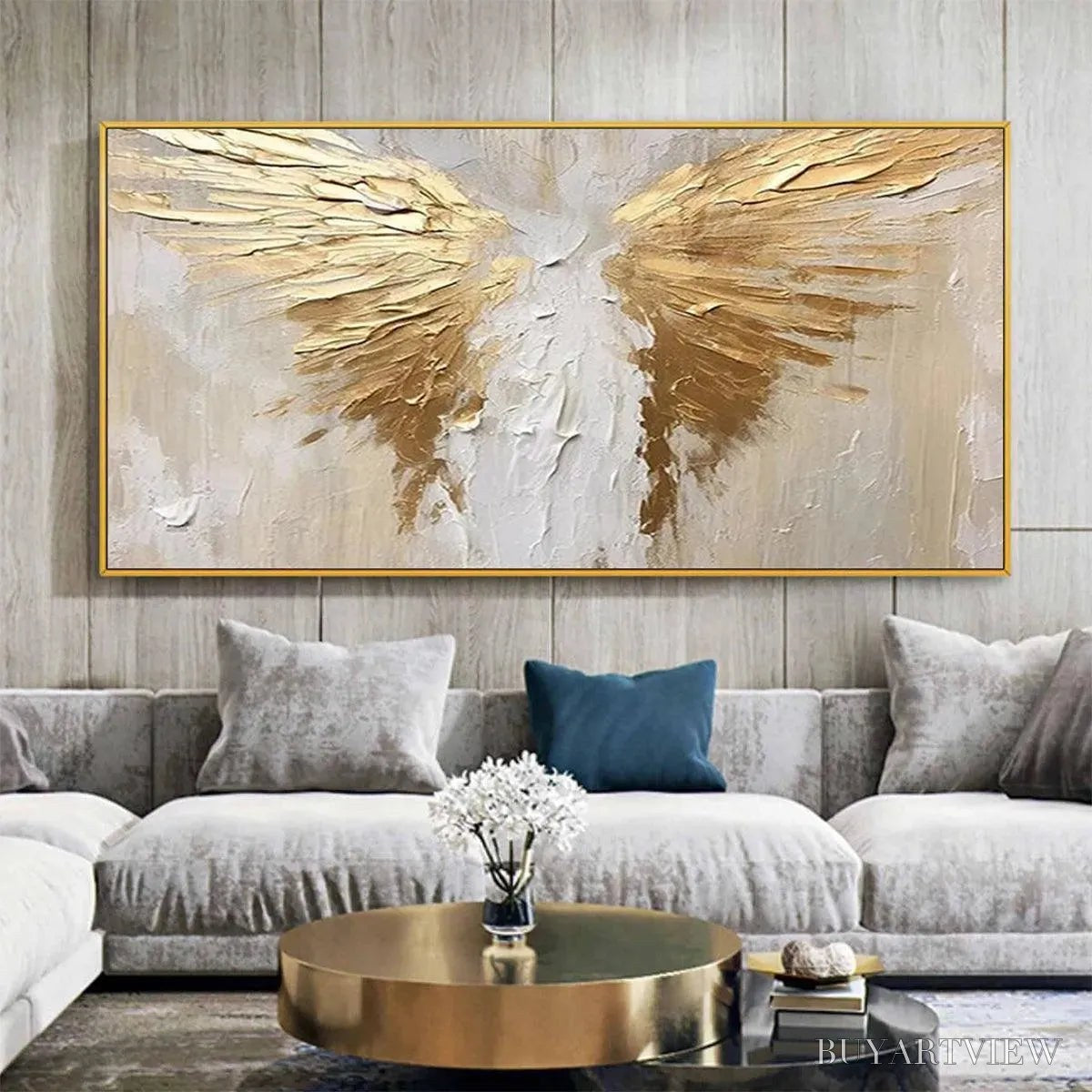 BUYARTVIEW Golden Wings – Textured Abstract Painting, Gold and Beige , Panoramic Canvas, Modern Decor - image 2