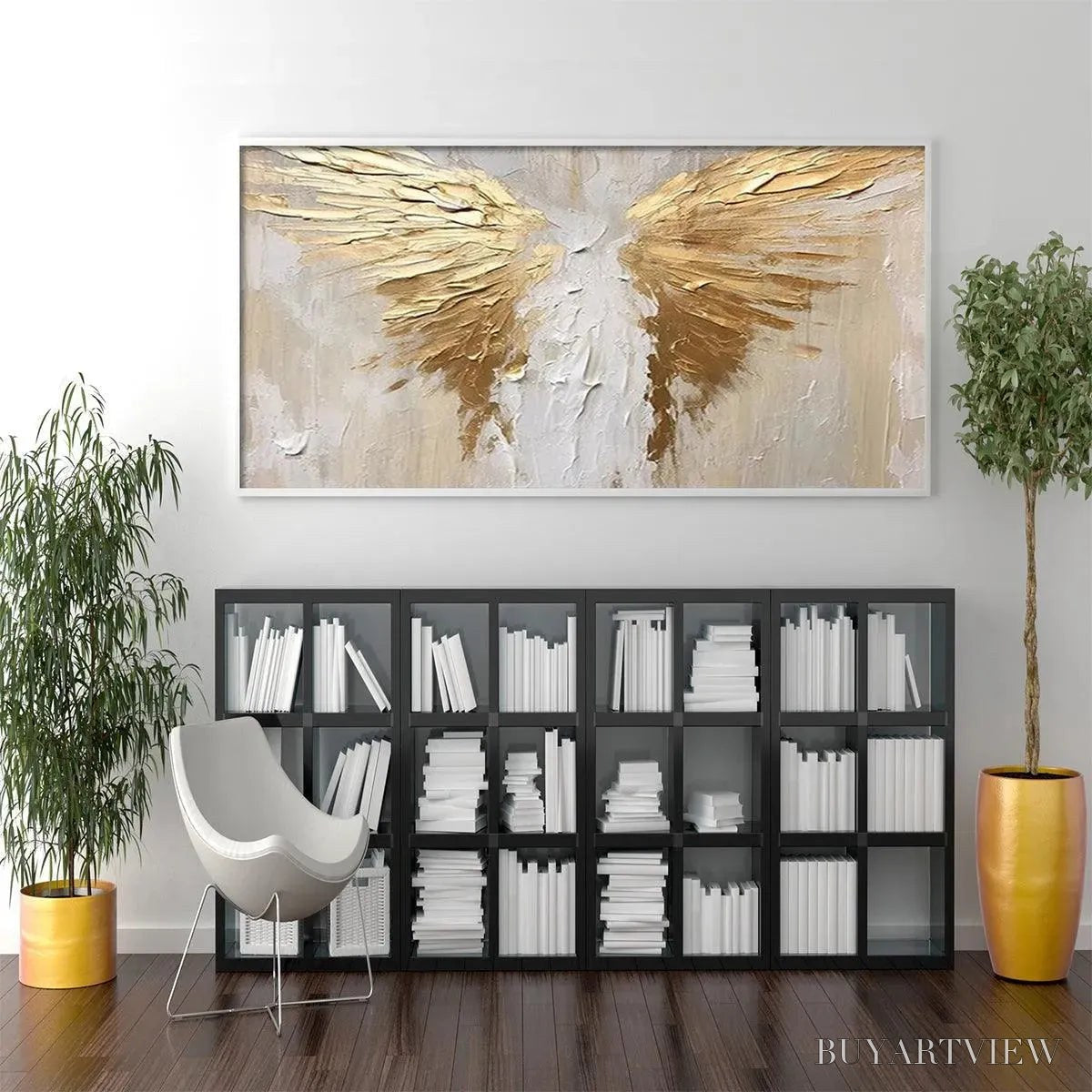 BUYARTVIEW Golden Wings – Textured Abstract Painting, Gold and Beige , Panoramic Canvas, Modern Decor - image 6