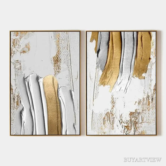 BUYARTVIEW Golden Lines Diptych – Textured Abstract Painting Set of 2, Vertical - image 1