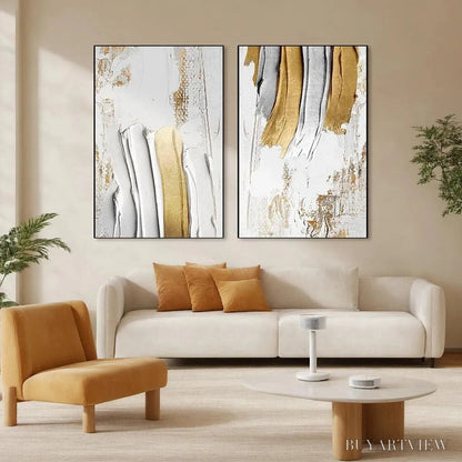 BUYARTVIEW Golden Lines Diptych – Textured Abstract Painting Set of 2, Vertical - image 2