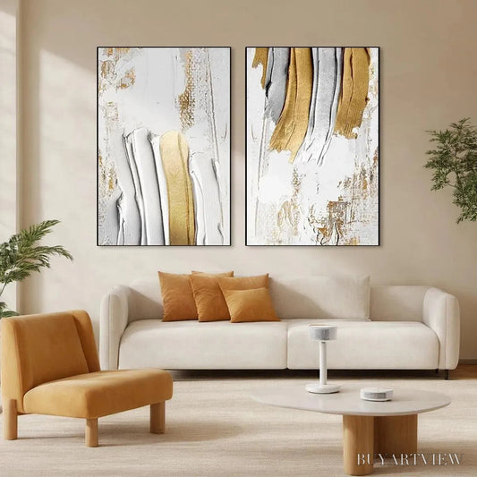 BUYARTVIEW Golden Lines Diptych – Textured Abstract Painting Set of 2, Vertical - image 2