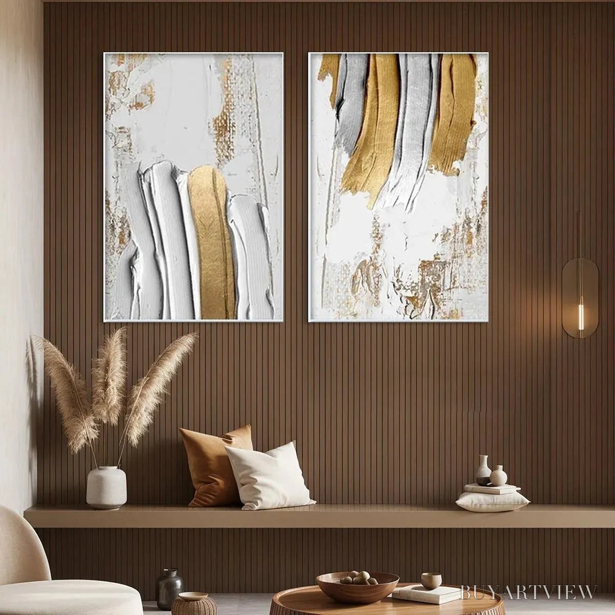 BUYARTVIEW Golden Lines Diptych – Textured Abstract Painting Set of 2, Vertical - image 4