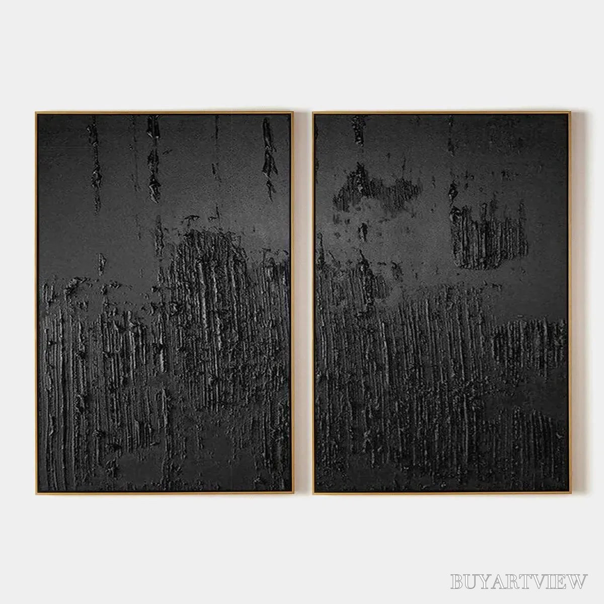 BUYARTVIEW Black Textured Diptych – Textured Abstract Painting Set of 2, Vertical - image 1