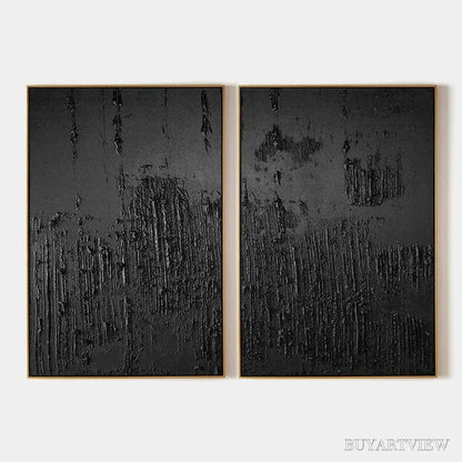 BUYARTVIEW Black Textured Diptych – Textured Abstract Painting Set of 2, Vertical - image 1