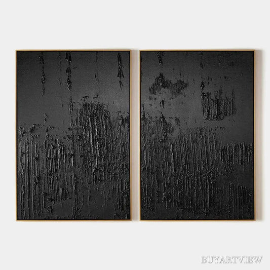 BUYARTVIEW Black Textured Diptych – Textured Abstract Painting Set of 2, Vertical - image 1