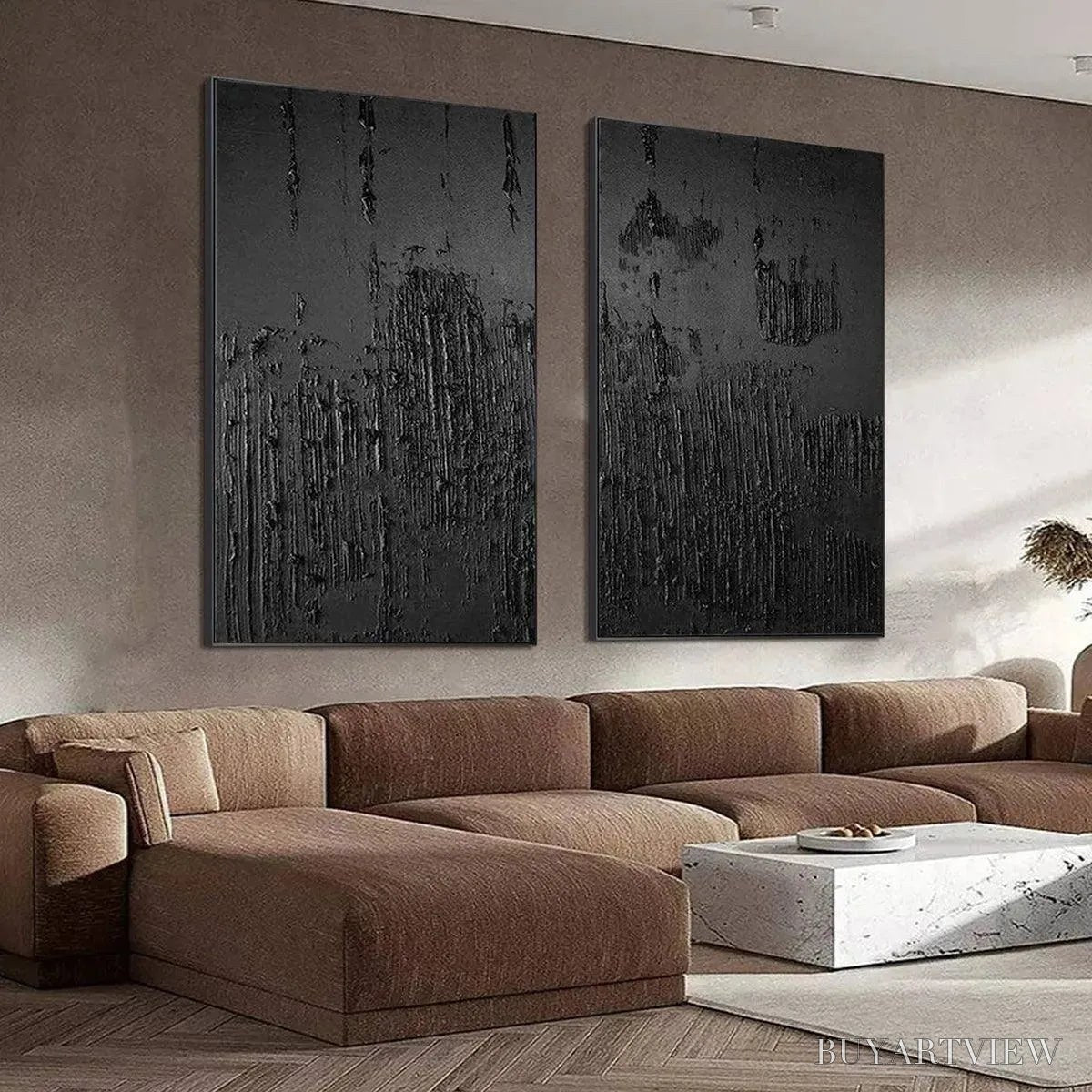 BUYARTVIEW Black Textured Diptych – Textured Abstract Painting Set of 2, Vertical - image 3
