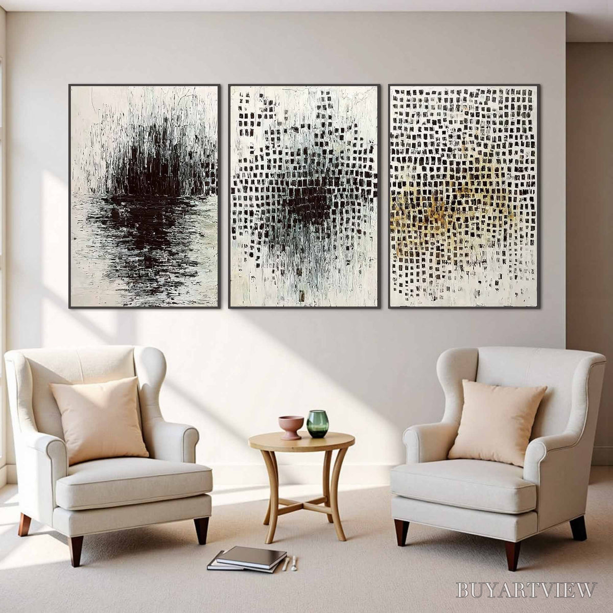 BUYARTVIEW Monochrome Metamorphosis – Wabi Sabi Textured Abstract Triptych - image 4