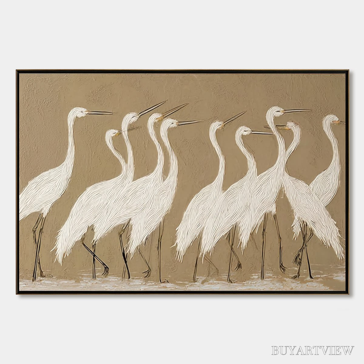 BUYARTVIEW Coastal Congregation – Textured Wabi Sabi Egret Painting on Neutral Canvas - image 1