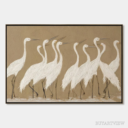 BUYARTVIEW Coastal Congregation – Textured Wabi Sabi Egret Painting on Neutral Canvas - image 1