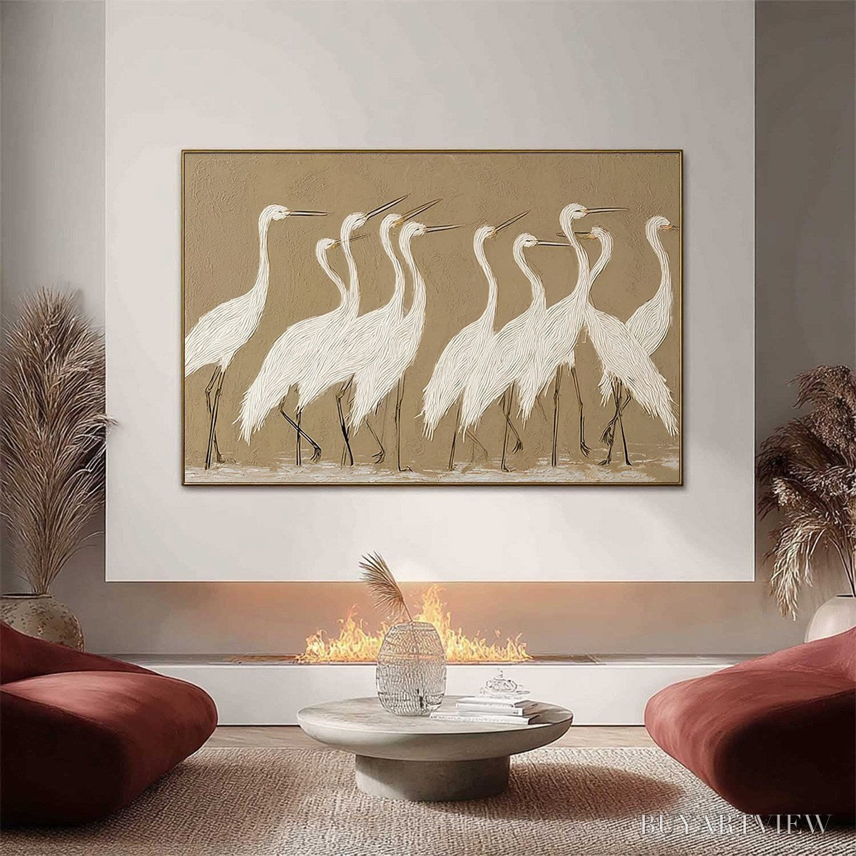 BUYARTVIEW Coastal Congregation – Textured Wabi Sabi Egret Painting on Neutral Canvas - image 2