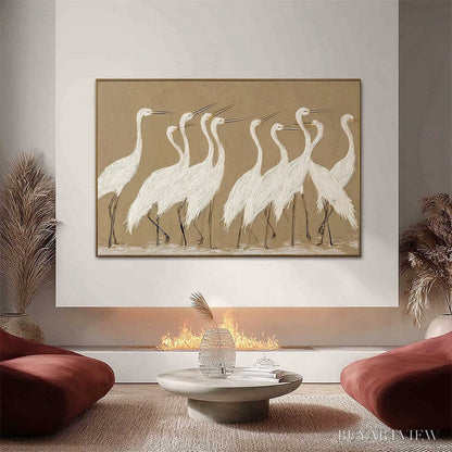 BUYARTVIEW Coastal Congregation – Textured Wabi Sabi Egret Painting on Neutral Canvas - image 2