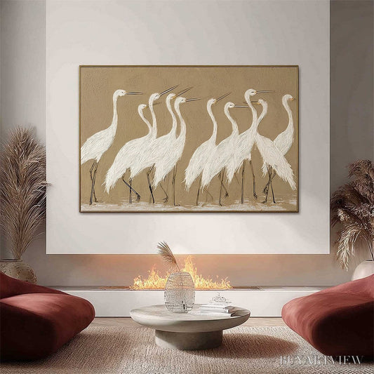 BUYARTVIEW Coastal Congregation – Textured Wabi Sabi Egret Painting on Neutral Canvas - image 2