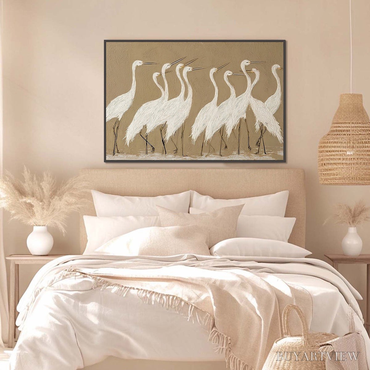 BUYARTVIEW Coastal Congregation – Textured Wabi Sabi Egret Painting on Neutral Canvas - image 4